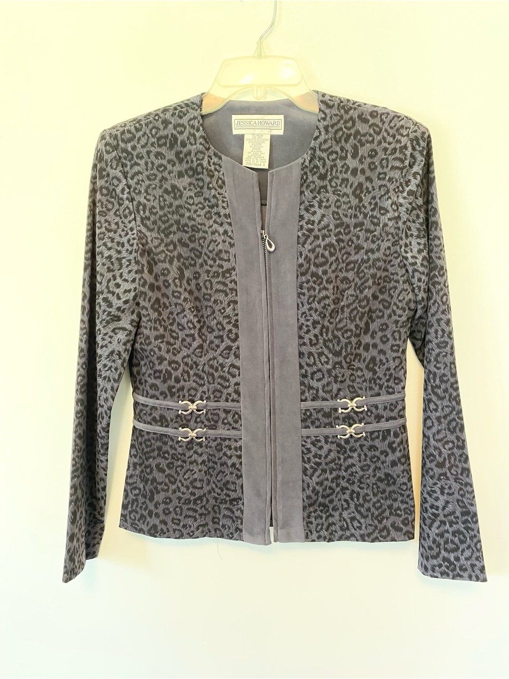 Jessica Howard Gray Leopard-Print Zip Front Blazer